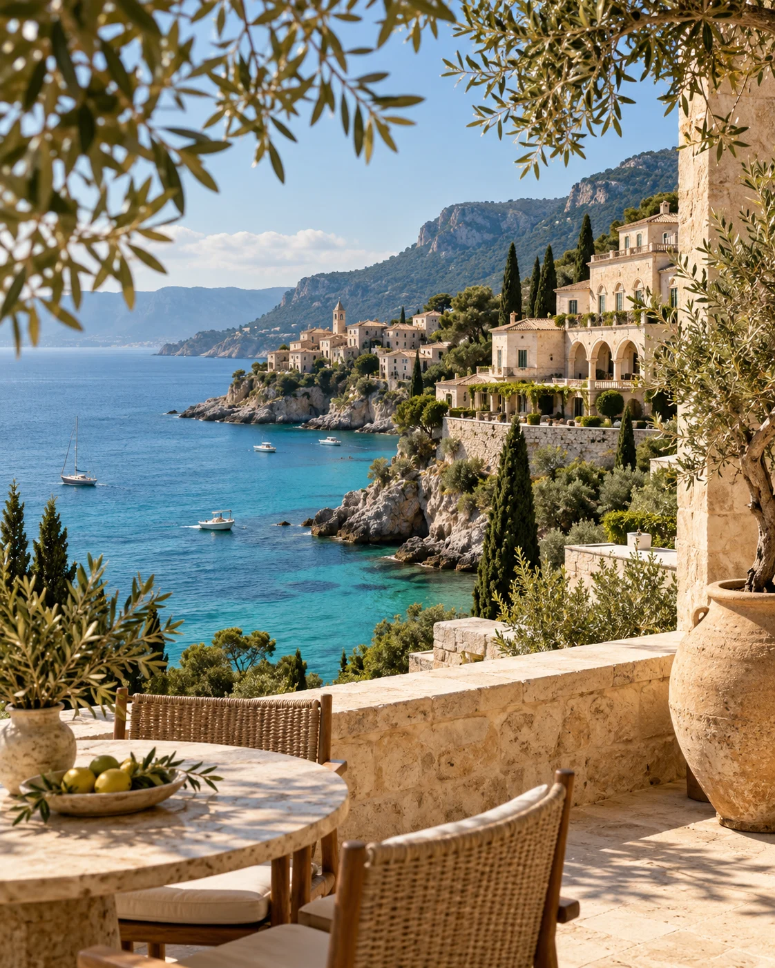 Illustrative Mediterranean coastline and boutique hospitality architecture