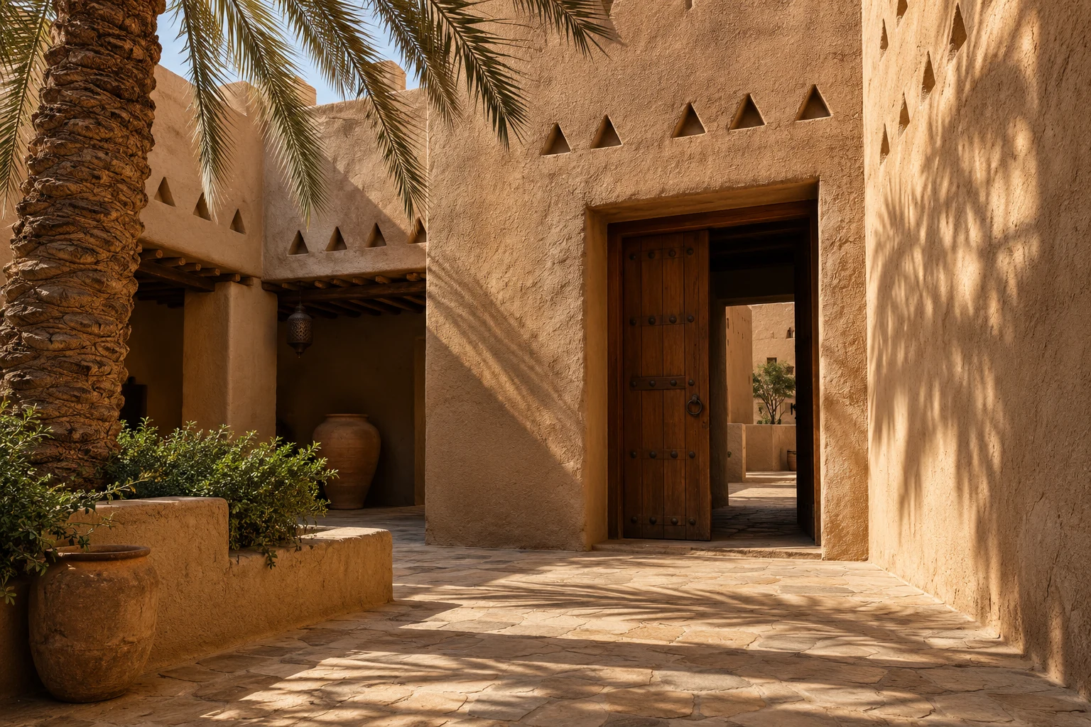 Illustrative Najdi courtyard with clay walls and palm shadows