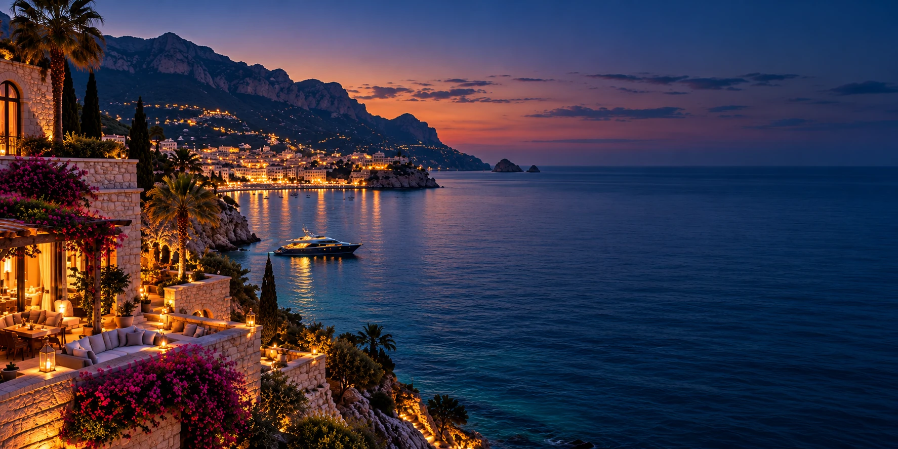 Illustrative coastal travel destination with a boutique hotel, yacht and bay at dusk