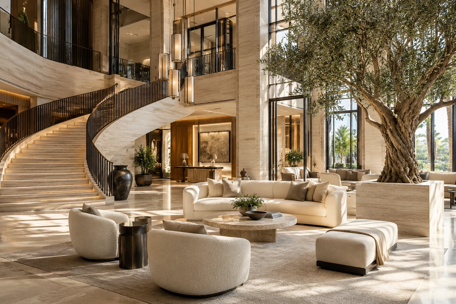 Illustrative hotel atrium with stone architecture and lounge seating