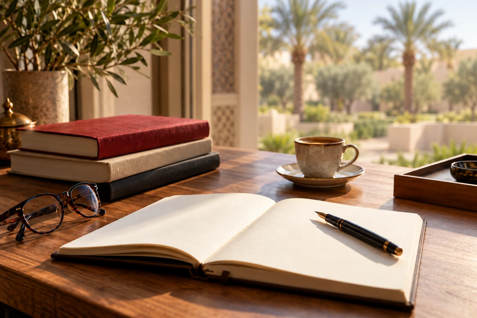 Illustrative learning workspace with notebook and books